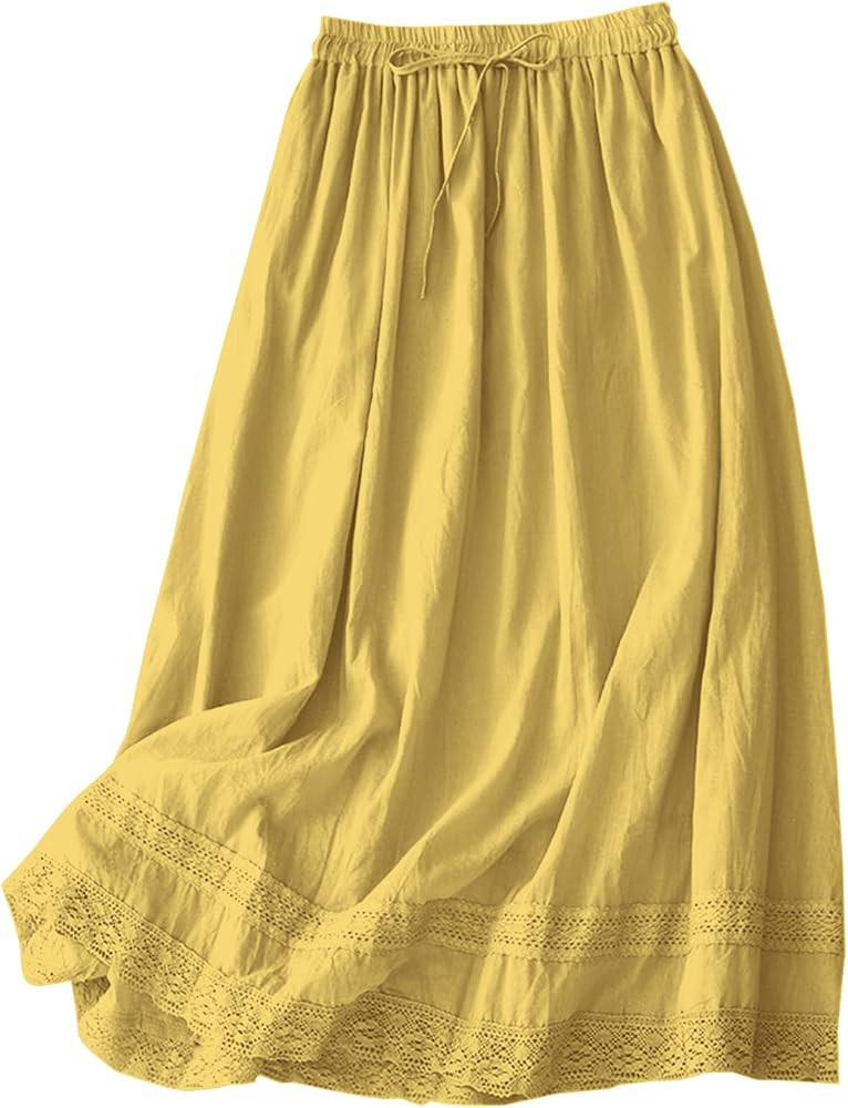 SANGTREE Women's Lace Cotton Linen Midi Skirt High Waisted A Line Flowy Swing Boho Long Skirts | Amazon (US)
