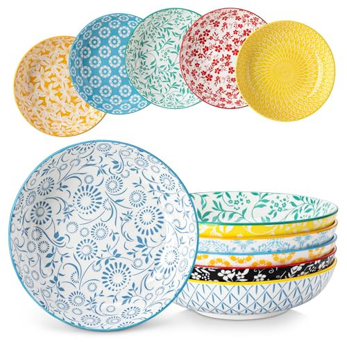 vancasso 8.5" Pasta Bowls Set of 6, 40 oz Porcelain Shallow Salad Bowls, Serving Bowls Large Kitchen Bowl Plates Pasta Dishes Plates, Colorful Floral Design, Microwave Safe, Series SELENE | Amazon (US)