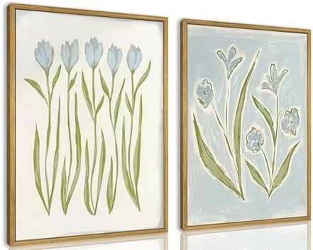 wanyun Blue Tulip Flower Wall Art Set of 2, Watercolor Floral Preppy Canvas Poster Prints, Modern... | Amazon (US)