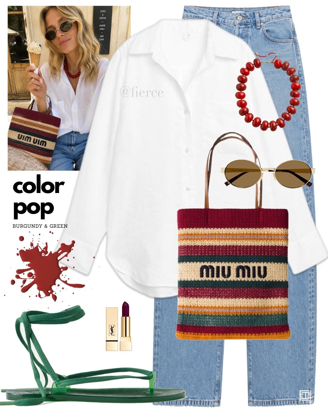 Shite linen shirt blue jeans Miu Miu striped knitted bag red beaded necklace green flat  sandals casual summer look weekend city break vacation

#LTKsummer #LTKuk #LTKeurope
