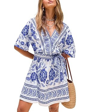 CUPSHE Women's Mini Dress V Neck Floral Half Dolman Sleeve Belted Loose Fit Short Summer Beach Dr... | Amazon (CA)