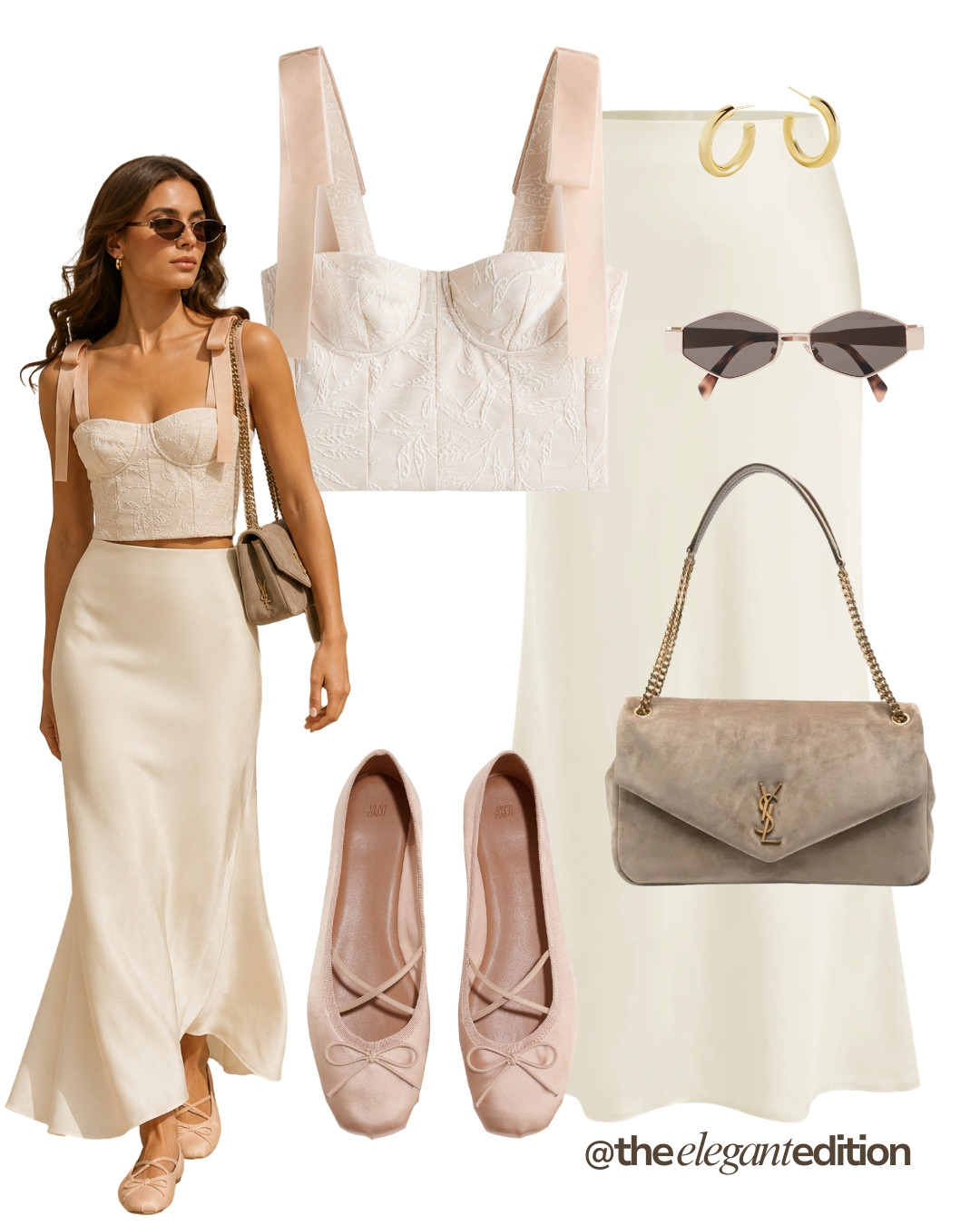 CORSET TOP LOOK 🤍 — Floral embroidered corset top, ivory satin maxi skirt, YSL suede bag and pink ballet flats. Soft, feminine and effortlessly elegant.

#summeroutfit #oldmoney #quietluxury #LTKsummer #LTKstyletip 

 #LTKeurope #LTKsummer #LTKstyletip