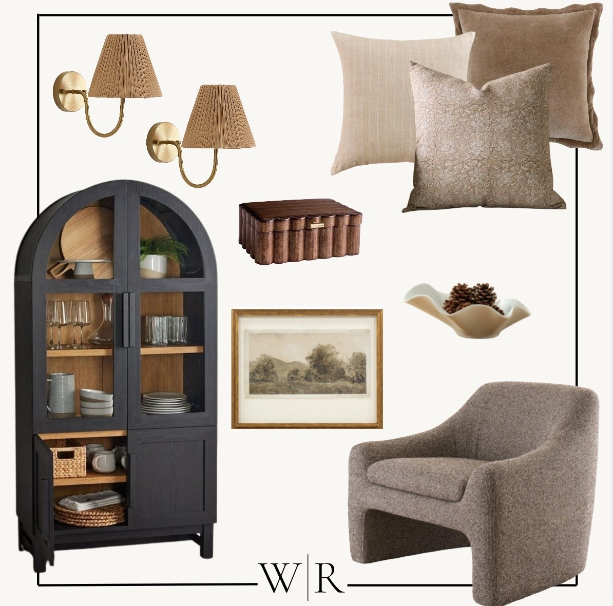 Stunning and affordable home interior finds! Beautiful black arched cabinet. Brown chair. Brown throw pillow combo. Wall sconce. Framed art. Decor. 

#LTKSaleAlert #LTKHome #LTKFallSale