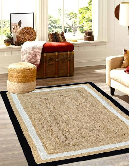 Handmade Black\u2013White & Natural Jute Rug 6x8 Ft | Natural Fiber Solid Design | Stylish Accent... | Amazon (US)