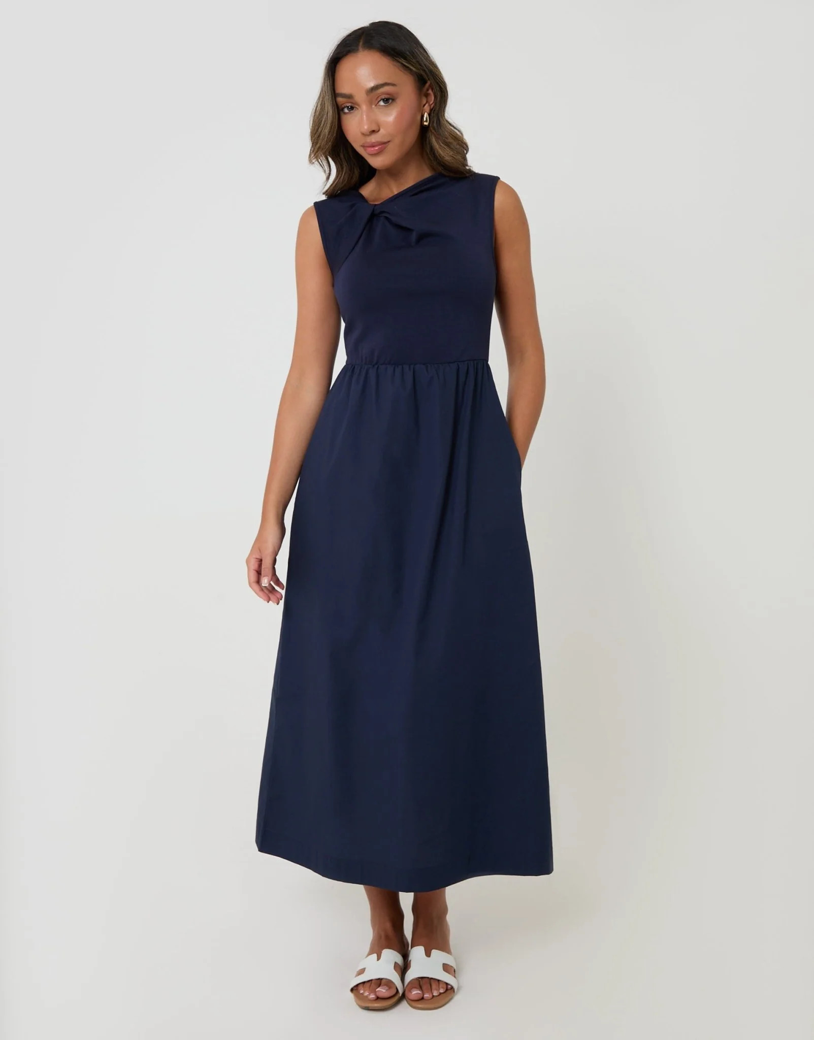 Twist Detail 2-in-1 Midi Dress with Poplin Skirt in Navy | Threadbare UK