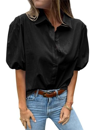 Tankaneo Women's Button Down Shirts Short Puff Sleeve Collared Dressy Casual Blouse Tops Black | Amazon (US)