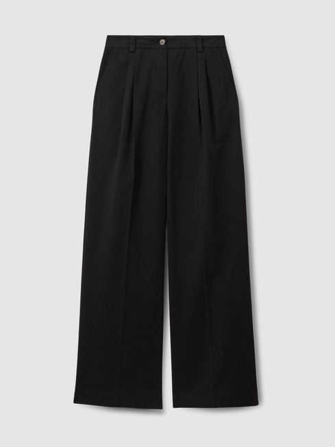 Reiss Washed Black Astrid Cotton Blend Wide Leg Trousers | Reiss UK
