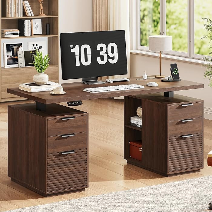 63" Electric Standing Desk with 6 Drawers,Storage Shelves,Walnut | Amazon (US)
