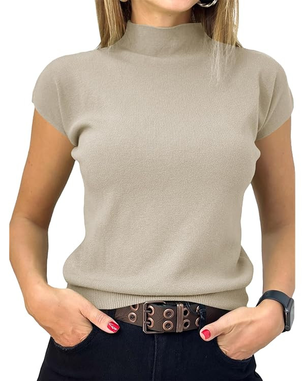 Saodimallsu Womens Short Sleeve Sweater Mock Neck Summer Casual Basic Knit Slim Fitted Pullover T... | Amazon (US)