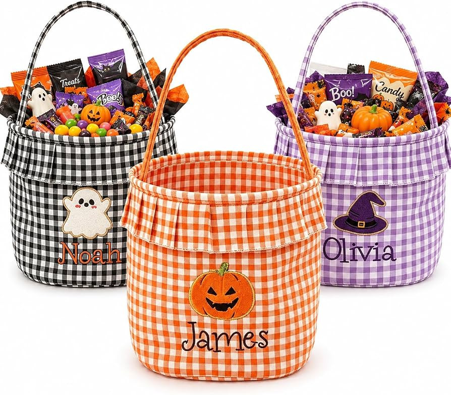 Personalized Halloween Basket, Gingham Ruffle Trick or Treat (Black) | Amazon (US)