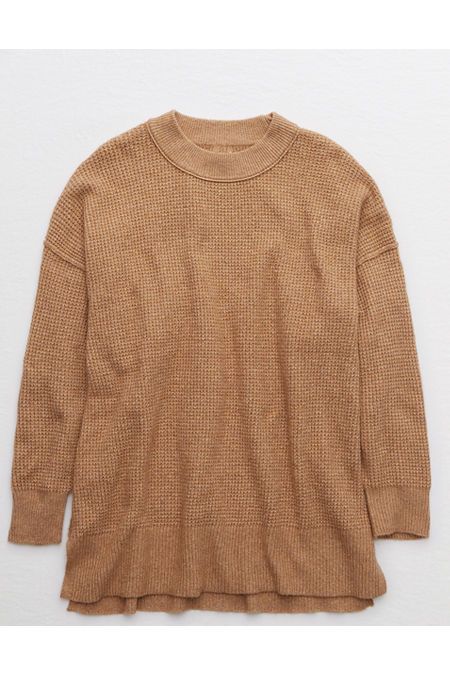Aerie Waffle Oversized Crew Sweater Women's Holiday Heather Brown XL | American Eagle Outfitters (US & CA)
