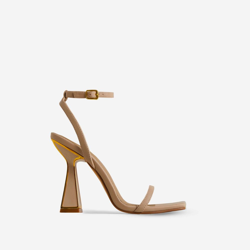 Pearl Gold Detail Square Toe Barely There Statement Block Heel In Nude Faux Leather | EGO (UK)