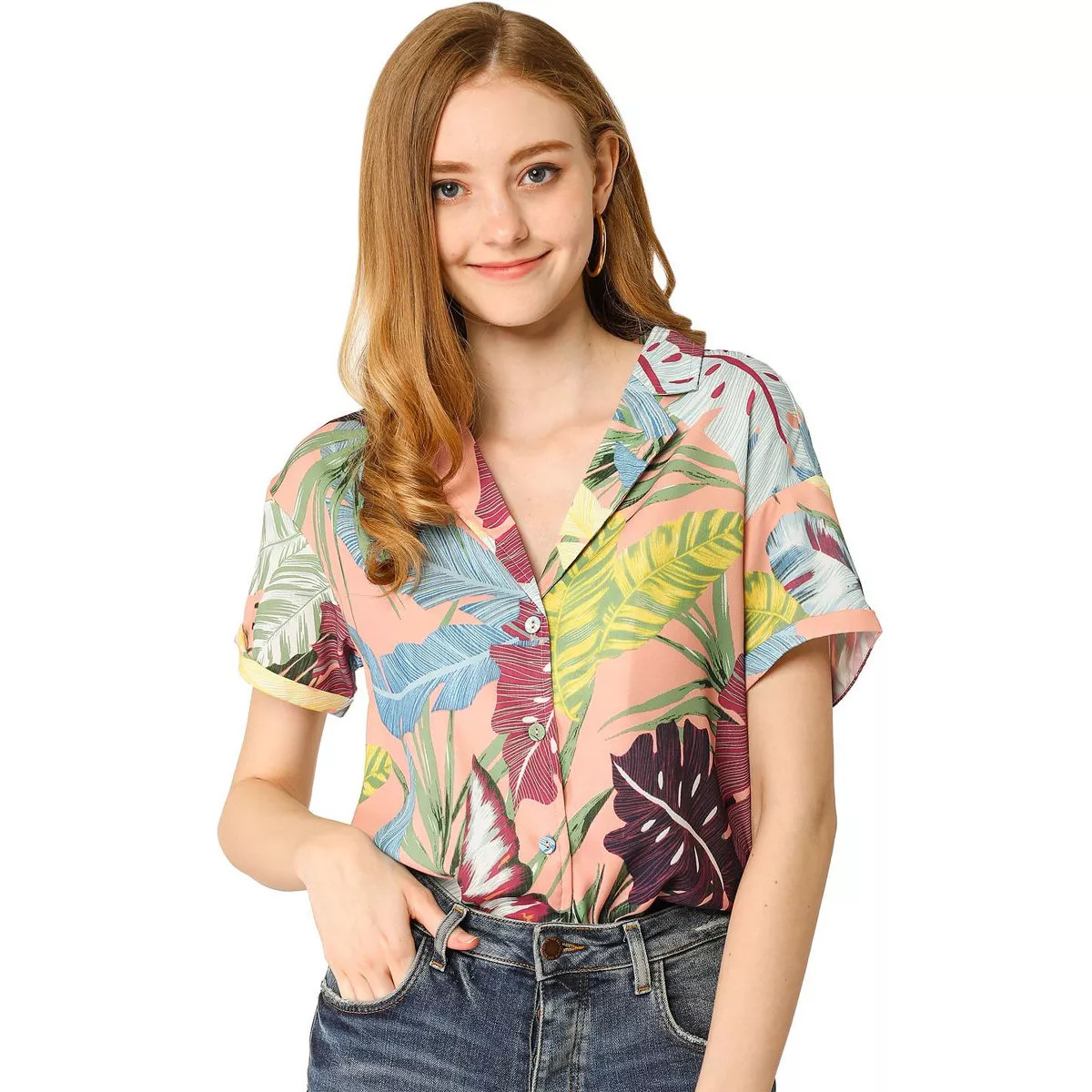 Allegra K Women's Hawaiian Floral Leaves Printed Short Sleeve Button Down Vintage Shirt Pink Medi... | Target
