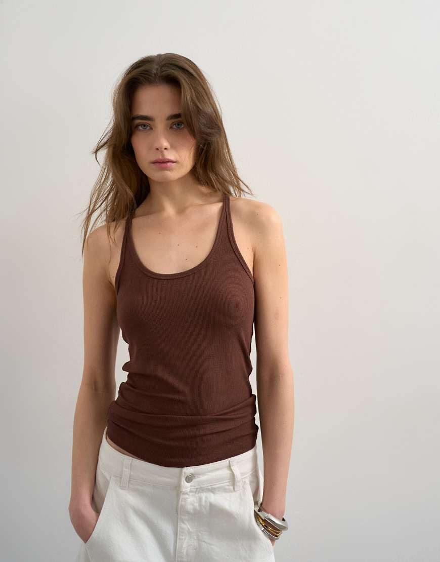Topshop premium spaghetti strap scoop racer tank top in brown | ASOS (Global)