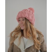 Chunky Knit Hat, Trendy Oversized Beanie, Giant Knitting, Winter Super Warm Knitted Light Pink Hat With Pom | Etsy (US)