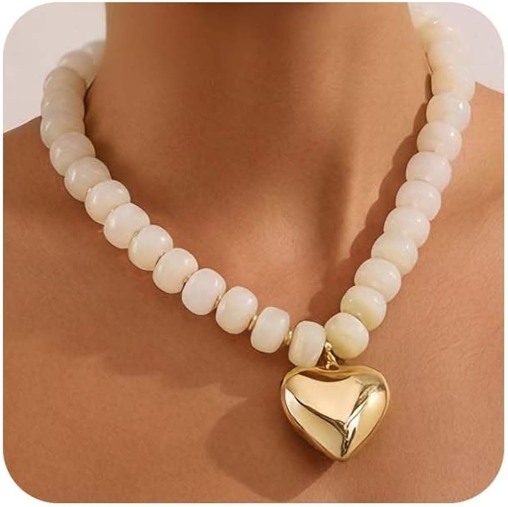 Chunky Beads Necklace for Women Trendy Gold Puffy Heart Choker Necklace Colorful Resin Beaded Hea... | Amazon (US)