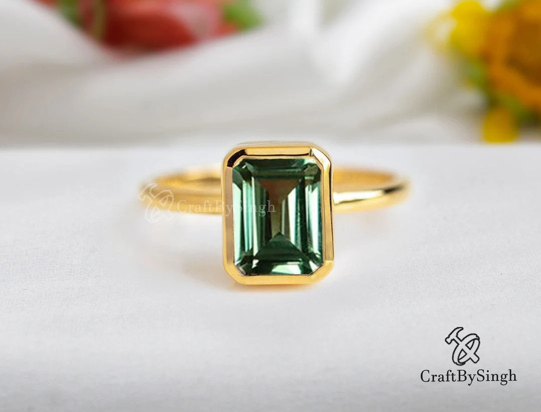 Green Sapphire Emerald Cut Ring, Solitaire Sapphire 14k Gold Filled Ring, Bezel Set Green Sapphir... | Etsy (US)