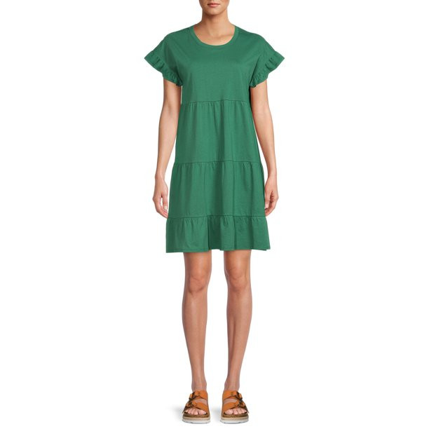 Time and Tru Women's Short Sleeve Flutter Tiered Dress | Walmart (US)