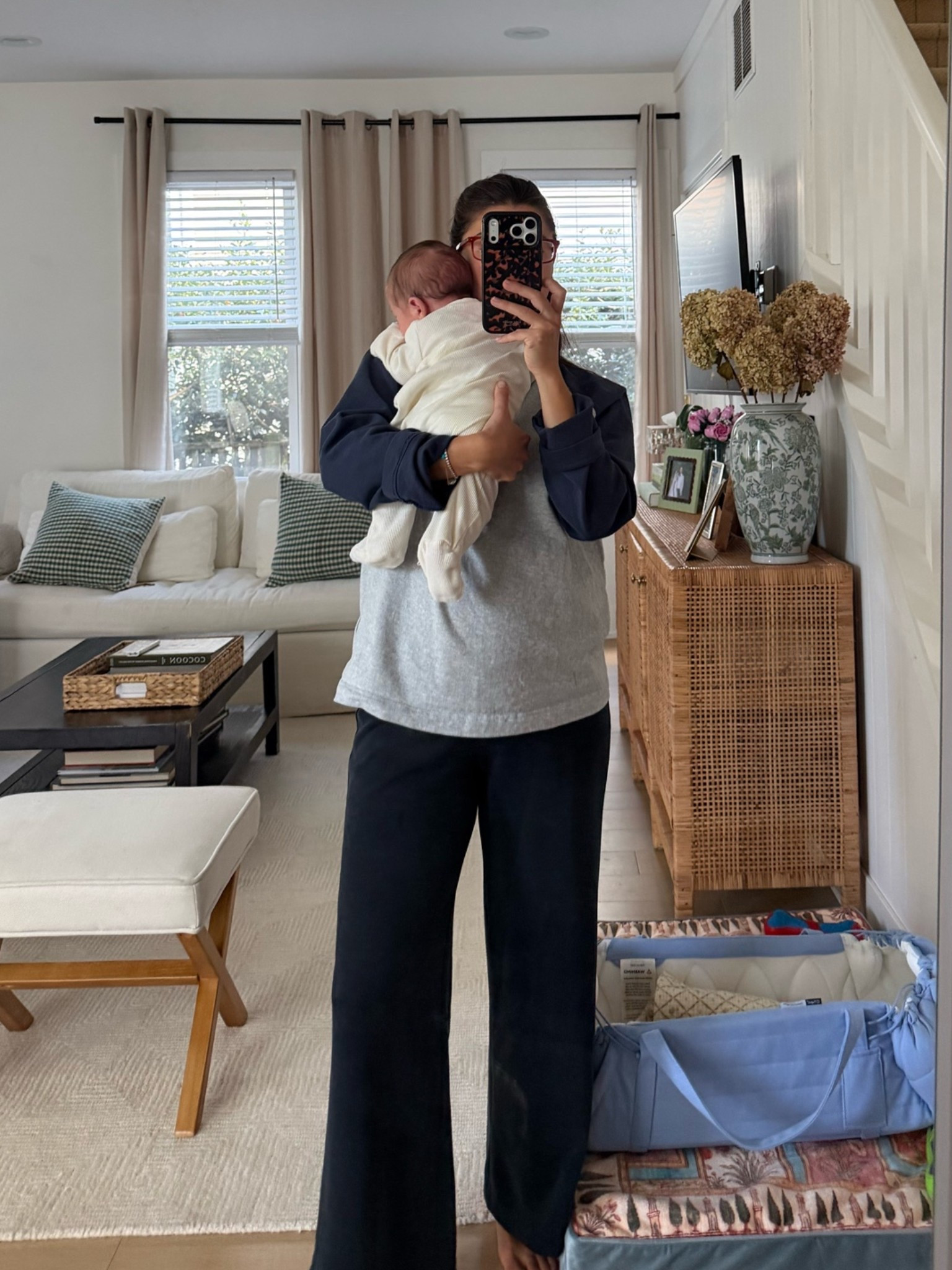 [10/12/26] living in cozies lately - Hatch maternity pants I wore through pregnancy paired with a Gap baseball tee (size small and currently on sale for 40% off!) William’s onesie is gap 100% cotton.