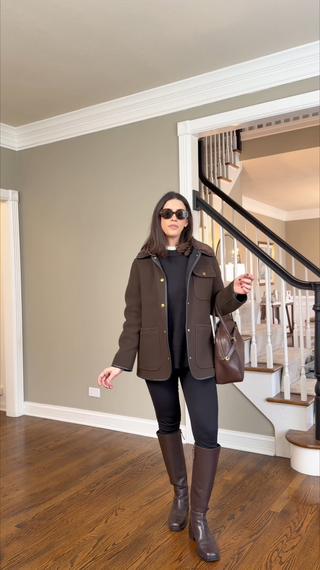 I love leggings in the winter and this is my go-to way to elevate them.
This same outfit formula works perfectly with skinny jeans too.

Sizing details:
• Leggings: Small (linked similar options)
• Wool jacket: Medium
• Sweater: Medium (runs TTS — I sized up for an oversized look)
• Tee: Medium
• Boots: TTS (also available in wide calf!)