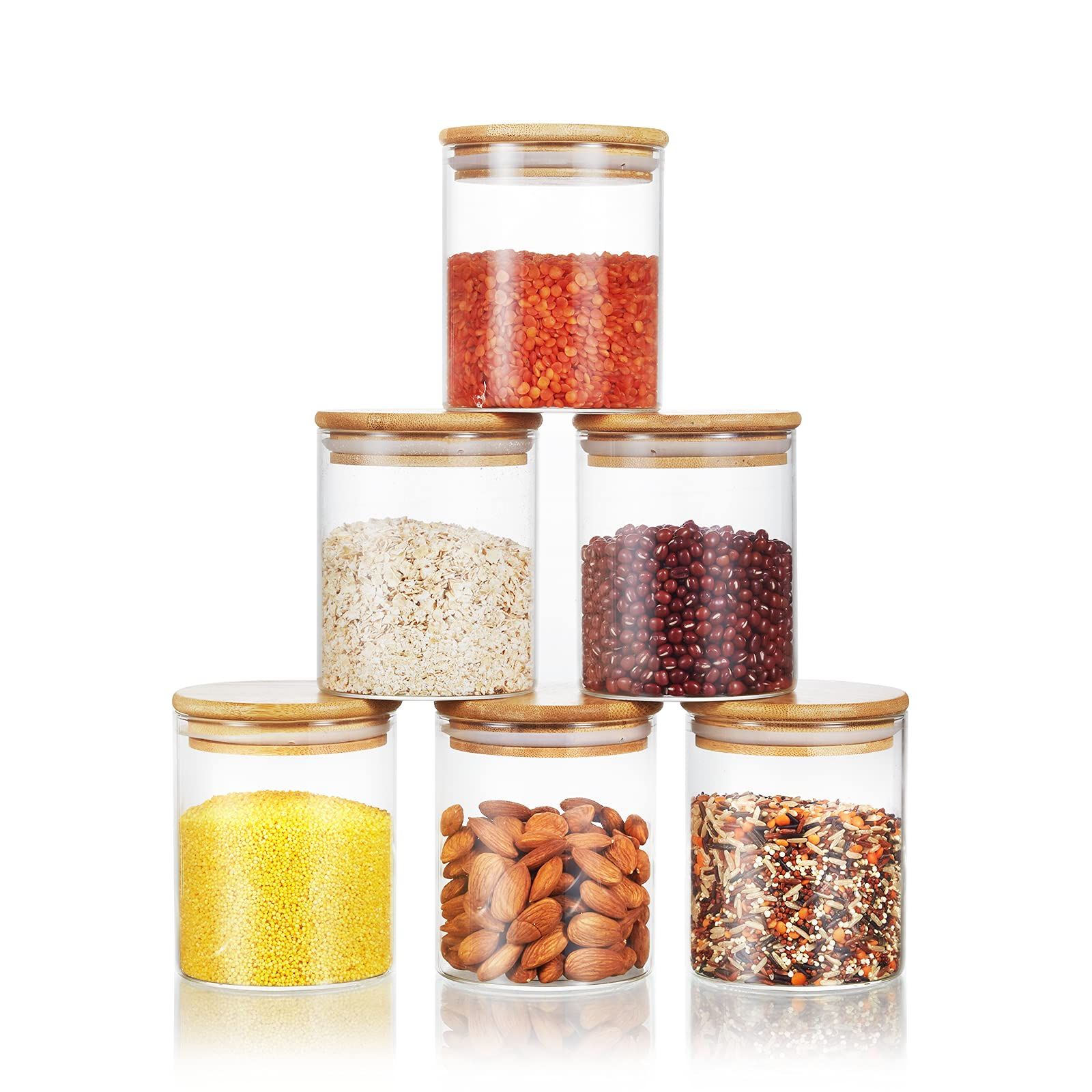 16oz Glass Food Storage Jars with Wooden Bamboo Lids Airtight, Glass Storage Jars, 6-Pack Kitchen Gl | Amazon (US)