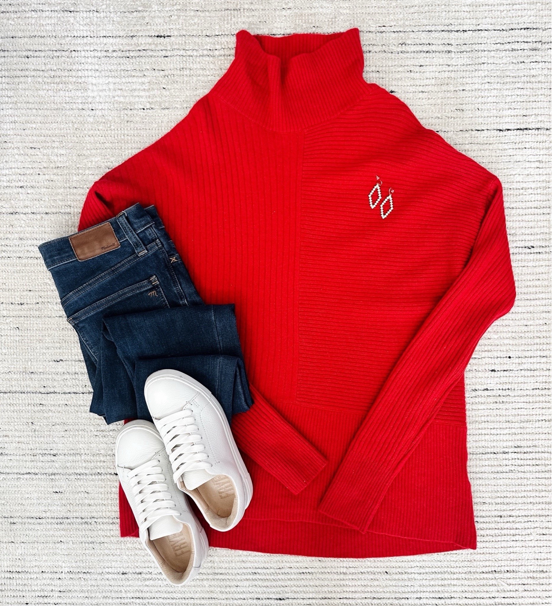 Fall and winter outfit with funnel neck sweater paired with dark wash jeans and sneakers for a chic casual look. Love the red for the winter season.  Linking others because this sweater is no longer available! 

#LTKStyleTip #LTKHoliday #LTKSeasonal