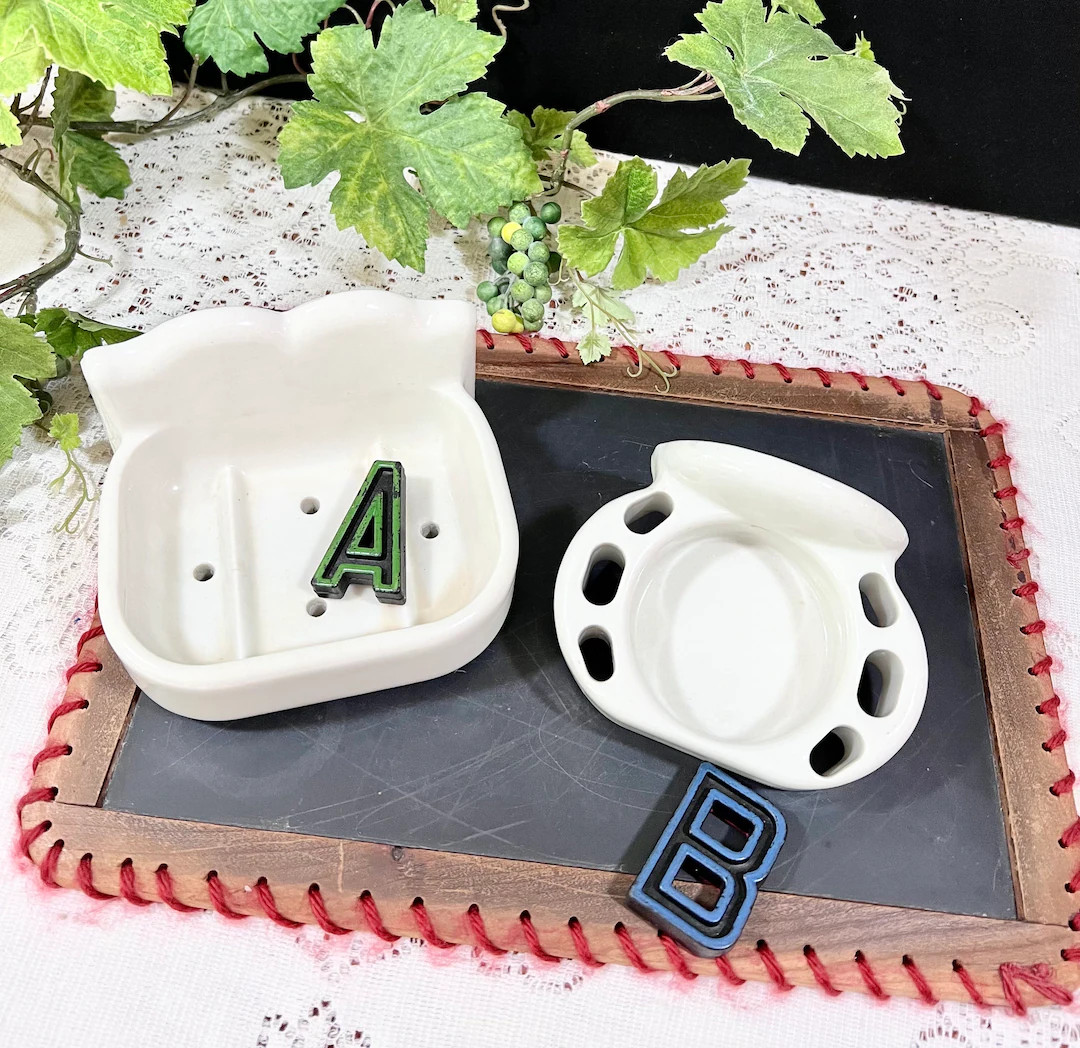 Bathroom Fixtures Wall Hanging  White Porcelain Wall Mount Soap Dish or Cup Holder w/ Toothbrush ... | Etsy (US)