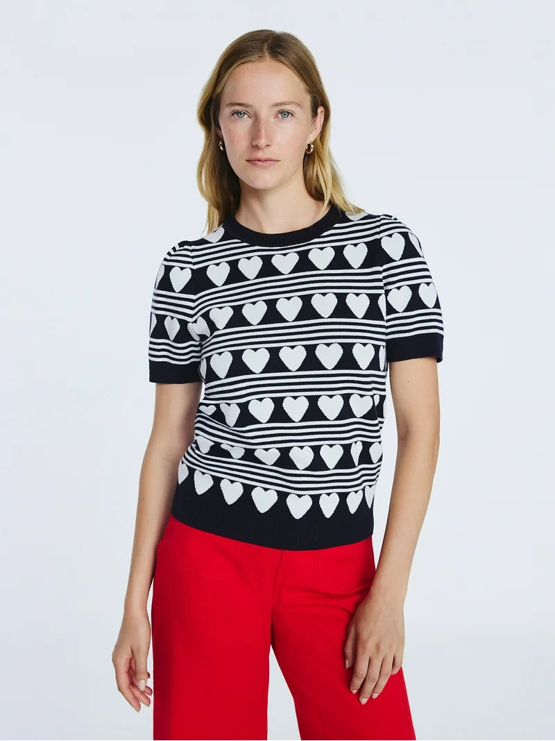 Free Assembly Women's Hearts Sweater Tee with Short Puff Sleeves, Sizes XS-XXL | Walmart (US)