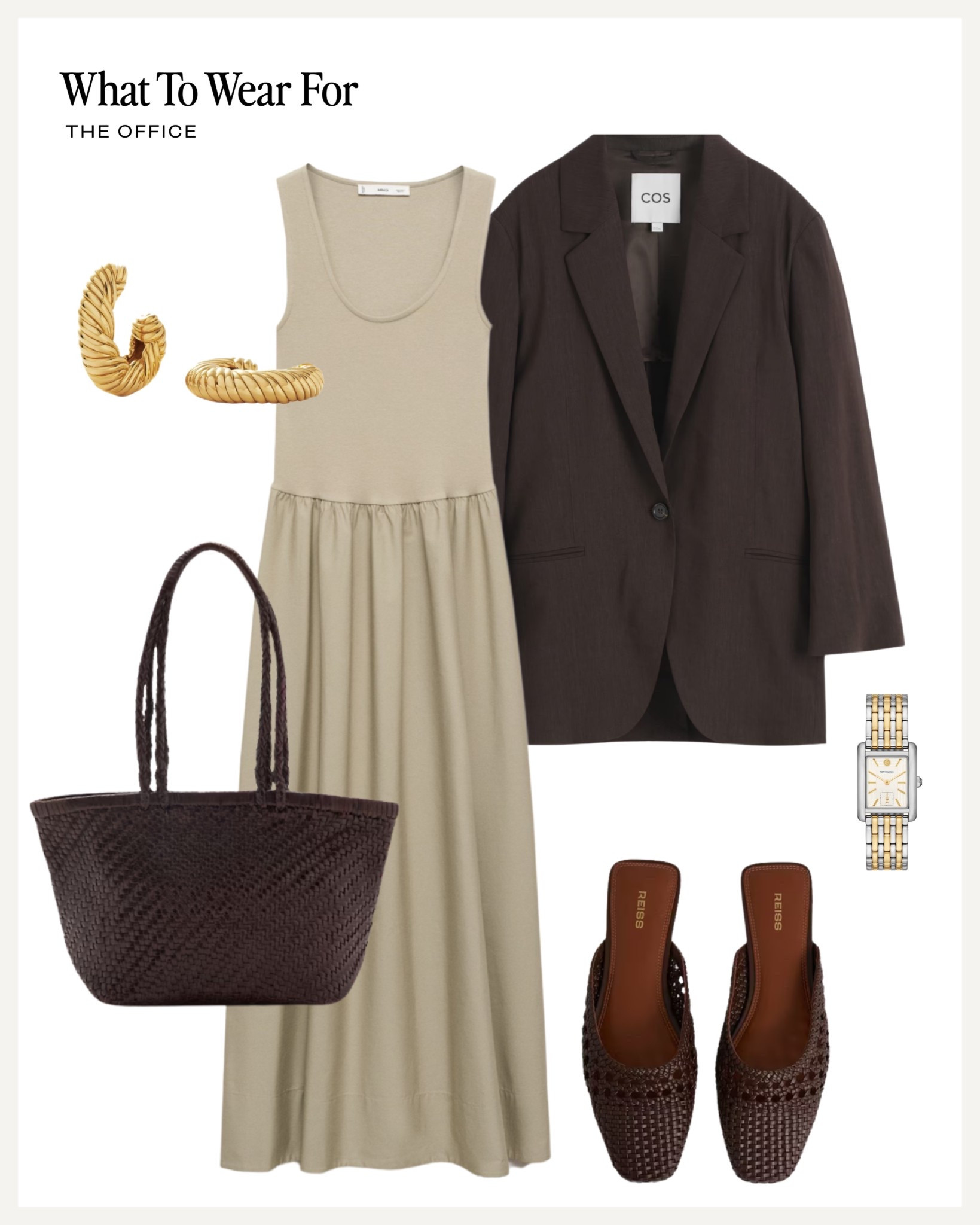 Summer office outfit 💻 

Workwear / mango midi dress / straw tote bag / brown flats / brown blazer 

#LTKsummer #LTKstyletip #LTKuk