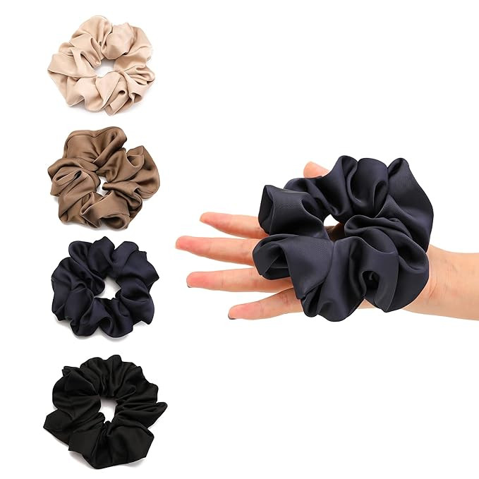 4PCS Large Satin Silk Scrunchies for Women - Big Glossy Scrunchie for Thick Hair Girl Hair Ties P... | Amazon (US)