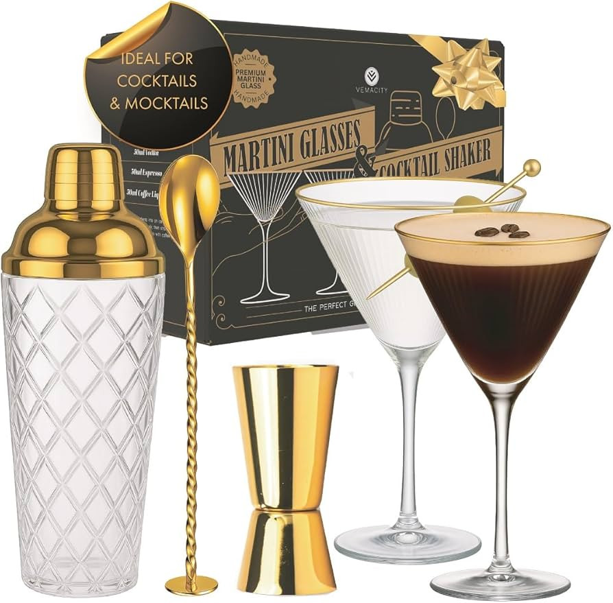Vemacity Cocktail Set– Glas Cocktail Shaker (500ml) + 2 Espresso Martini Gläser mit Goldrand, ... | Amazon (DE)