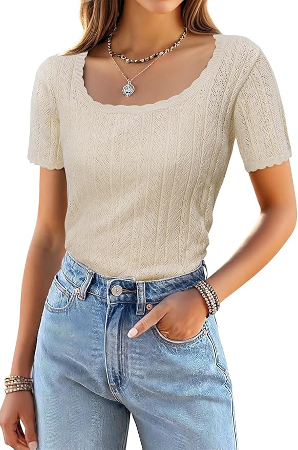 Arach&Cloz Women 2024 Summer Short Sleeve Square Neck Fashion T Shirts Knit Pullover Sweater Busi... | Amazon (US)