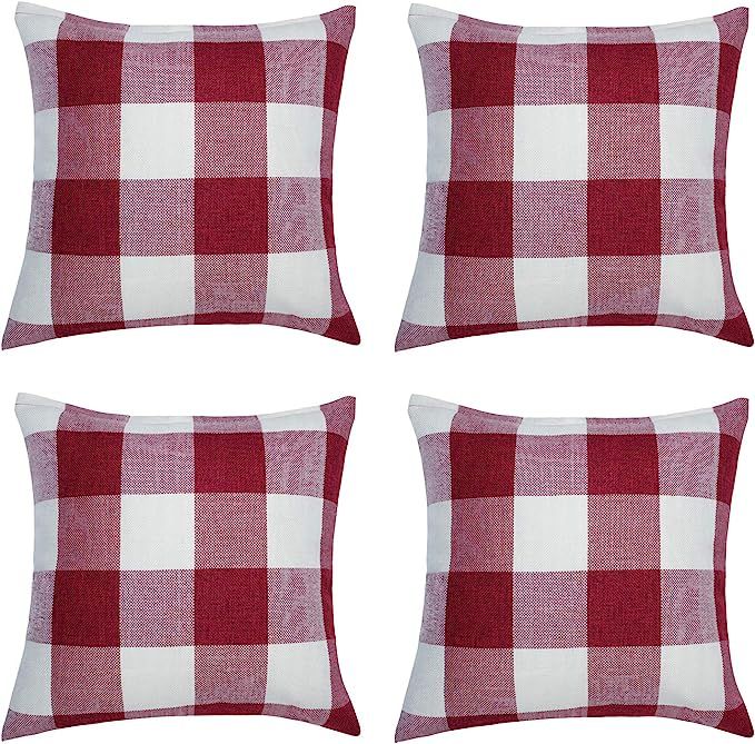 Aneco 4 Pack 18 × 18 Inch Pillow Cover Buffalo Plaid Red White Check Plaid Cushion Classic Tarta... | Amazon (US)