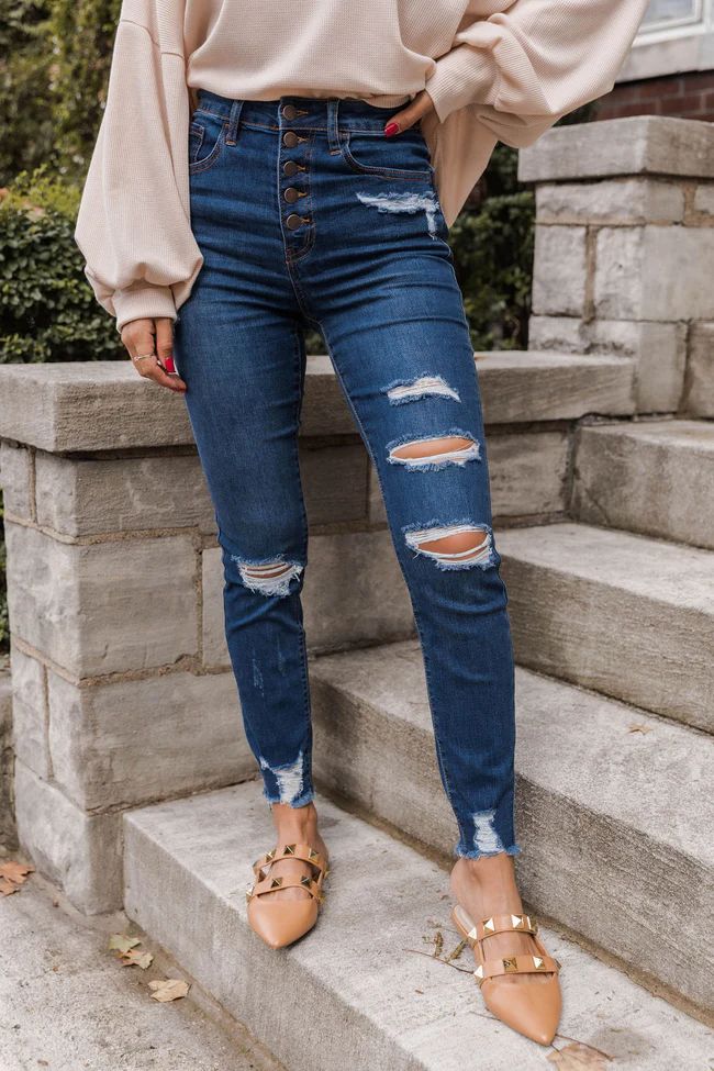 Mariah Distressed Dark Wash Skinny Jeans | The Pink Lily Boutique