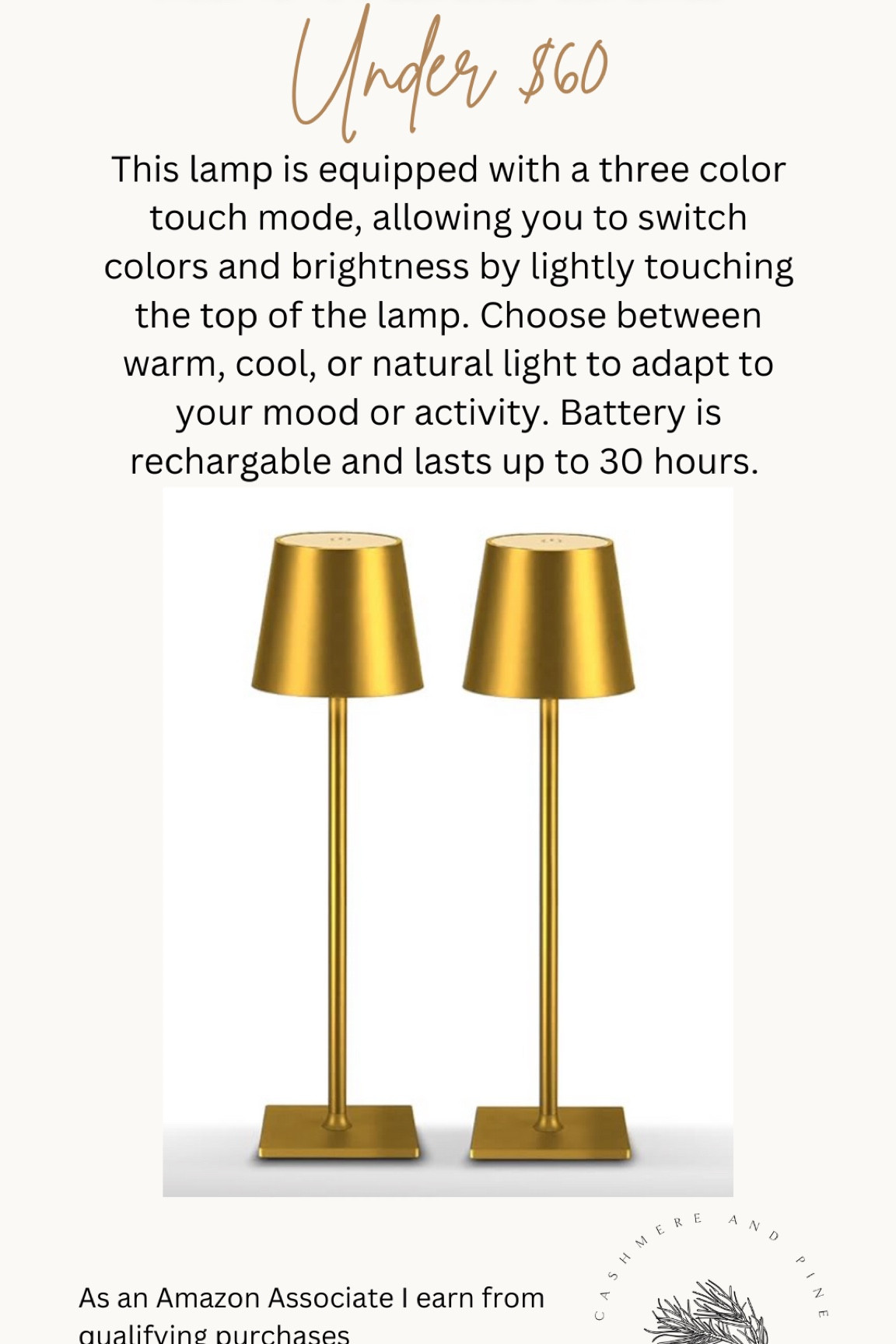 Mini table lamp with rechargeable battery. Lasts up to 30 hours. Has a three color touch mode allowing you to switch colors and brightness by lightly touching the top of the lamp.  Choose between warm, cool or natural light  

#LTKsalealert #LTKfindsunder100 #LTKhome