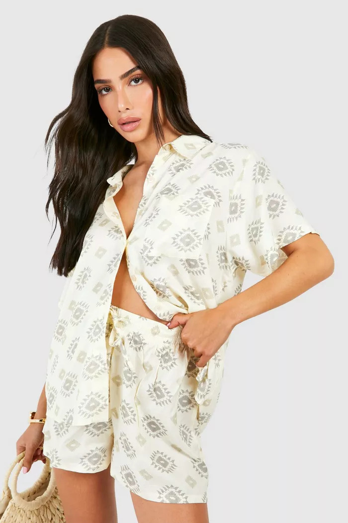 Printed Cotton Shirt And Short Set | boohoo (US & Canada)