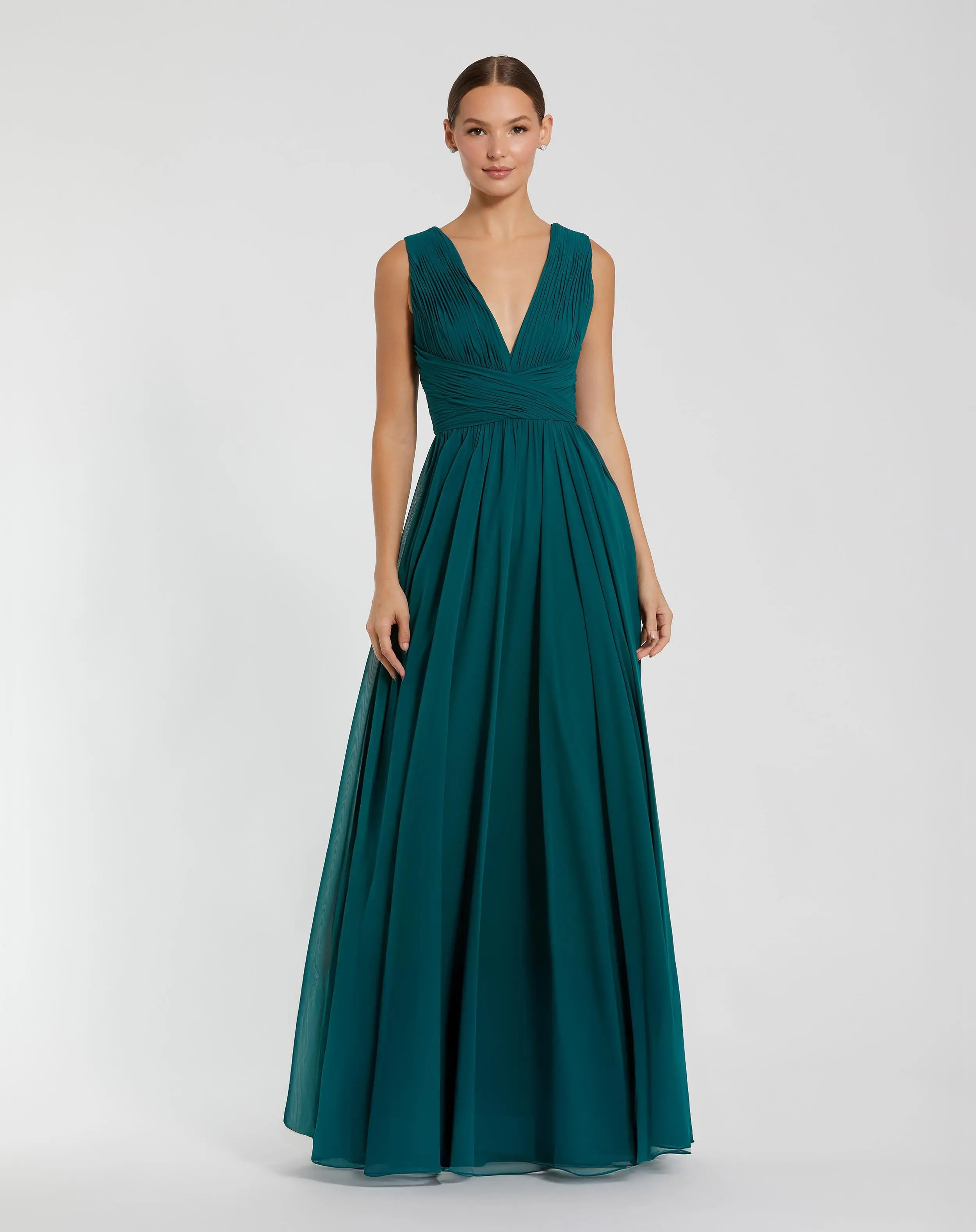 Teal Sleeveless Ruched V Neck Chiffon Gown | Mac Duggal