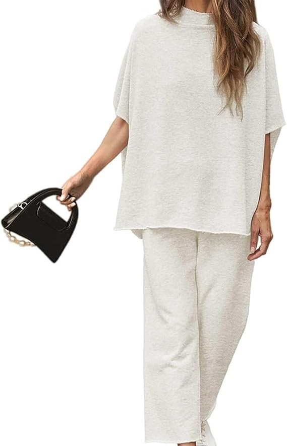 Women's Two Piece Outfits 3/4 Batwing Sleeve Capelet Crew Neck Pullover Top Wide Leg Pants Lounge... | Amazon (US)