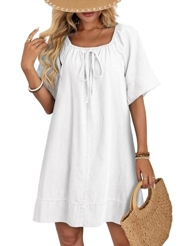 Dokotoo Summer Dresses for Women 2026 Tie Up Front Lightweight Flowy Denim Dress Flare Short Sleeve Square Neck Jean Dress Cotton A-Line Mini Dress White Medium | Amazon (US)