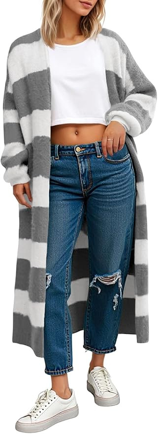 Saodimallsu Womens Striped Long Cardigan Sweaters Open Front Oversized Chunky Fuzzy Knit Fall Dus... | Amazon (US)