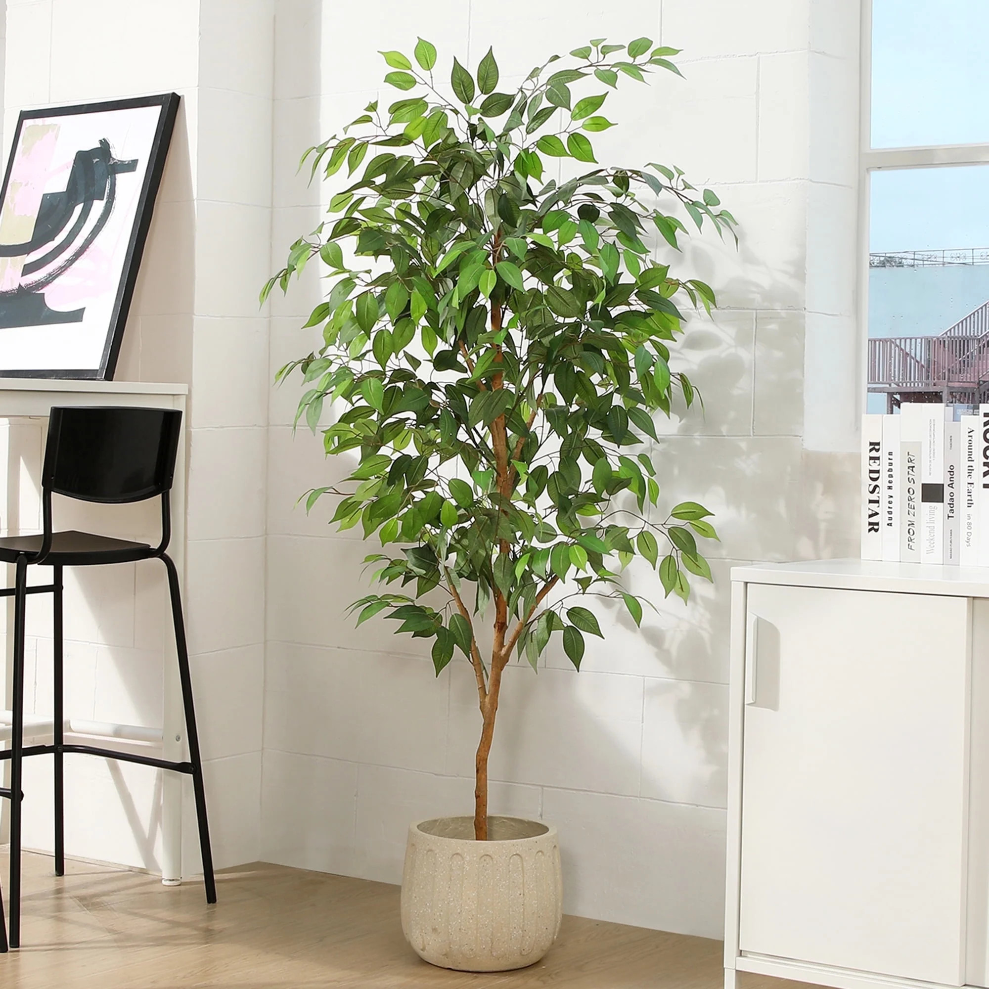 5FT Artificial Ficus Tree with Natural Wood Trunk and Lifelike Leaves, Silk Fake Potted Tree with... | Walmart (US)