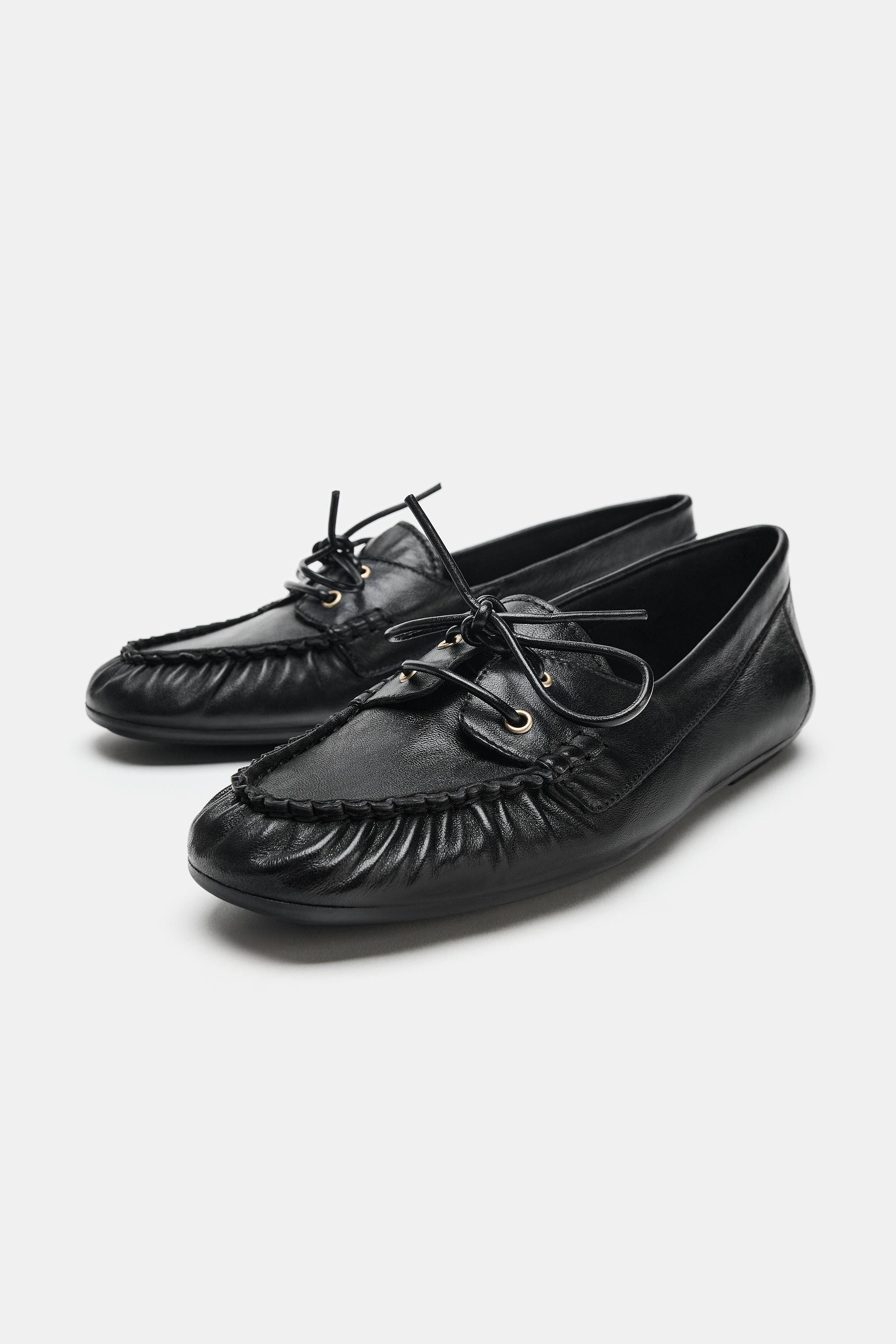 Zara - Leather Boat Shoes - Black - 8 - Woman | Zara US