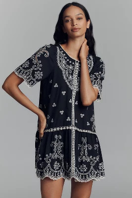 Maeve Short-Sleeve Embellished Cotton Lace Mini Dress | Anthropologie (US)