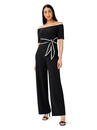 ADRIANNA PAPELL Women's Knit Crepe Tie Jumpsuit | Formal Jumpsuit with Off the Shoulder Neckline & Tie Waist Belt, Black, 12 | Amazon (US)