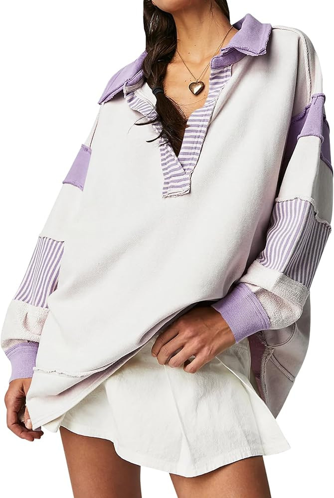 Ugerlov Women's Oversized Sweatshirt Lapel Collared V Neck Polo Shirts Pullover Color Block Strip... | Amazon (US)