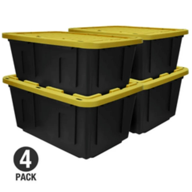 Tough Box 27 Gallon Stackable Snap Lid Plastic Storage Container, Black with Yellow Lid, Set of 4 | Walmart (US)