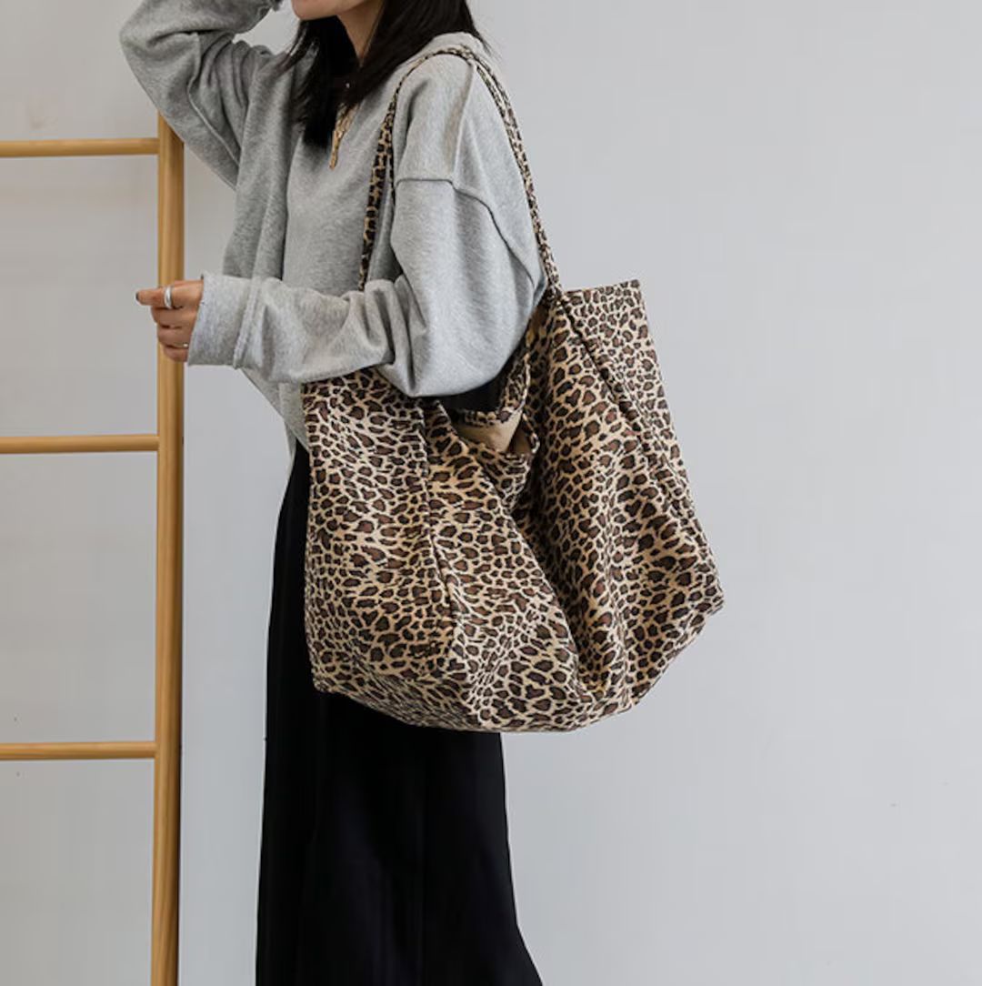 Leopard print shoulder canvas bag/large capacity canvas bag/green shopping bag/leopard print bag/... | Etsy (CAD)
