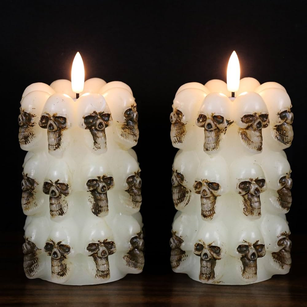 DRomance Skull Stacked Halloween Flameless Candles with 10-Key Remote and Timer 2 Pack Real Wax 3... | Amazon (US)