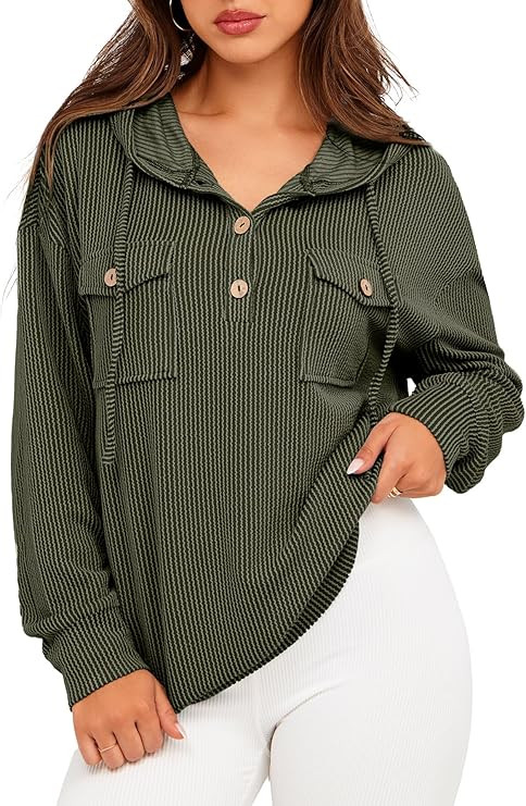 Glamaker Women's Casual Striped Hooded Sweatshirt Button Down Drawstring Hoodies Long Sleeve Pull... | Amazon (US)