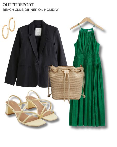 Black blazer green maxi dress yellow strappy sandals straw handbag  

#LTKshoes #LTKstyletip #LTKbag